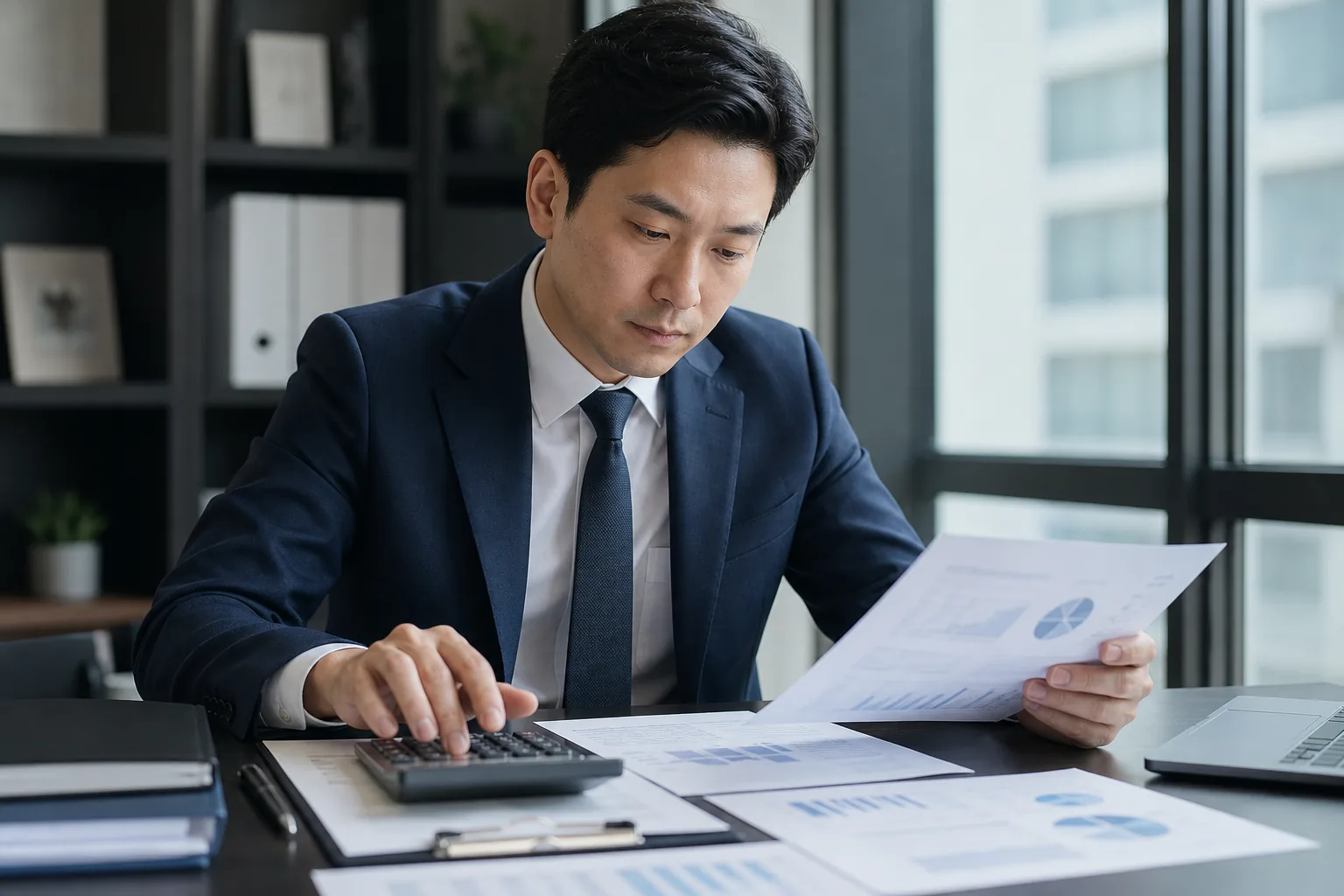 회계 전문가가 결산서와 재무제표, 자금계획을 들여다보는 모습