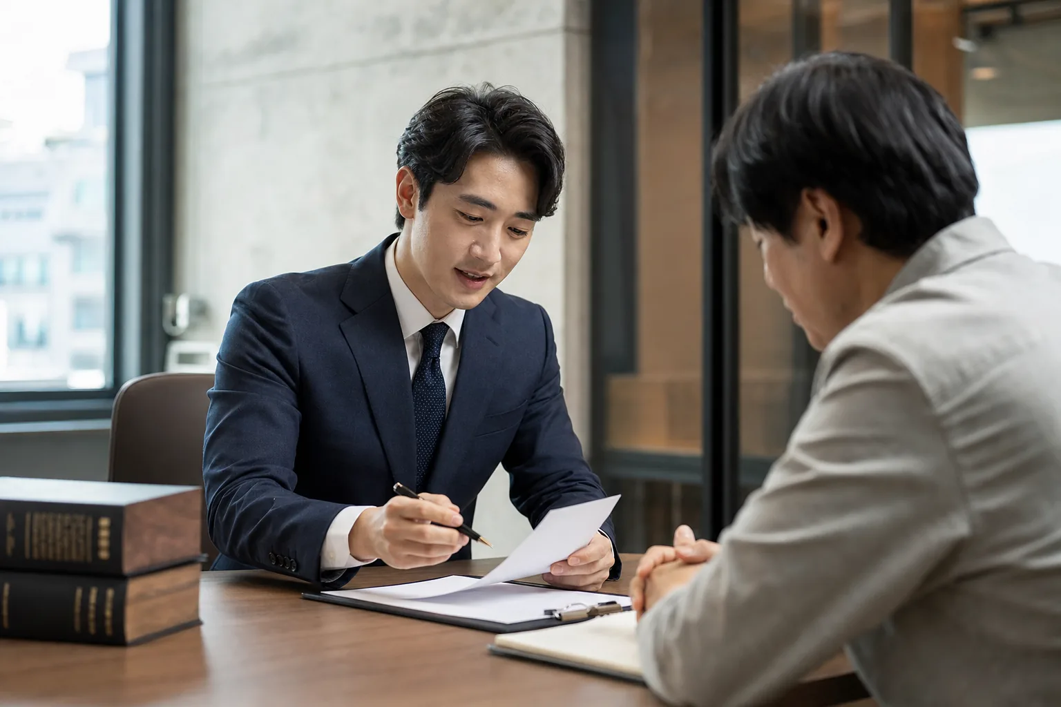 법무 전문가가 계약서와 분쟁 자료를 검토하며 자문하는 모습