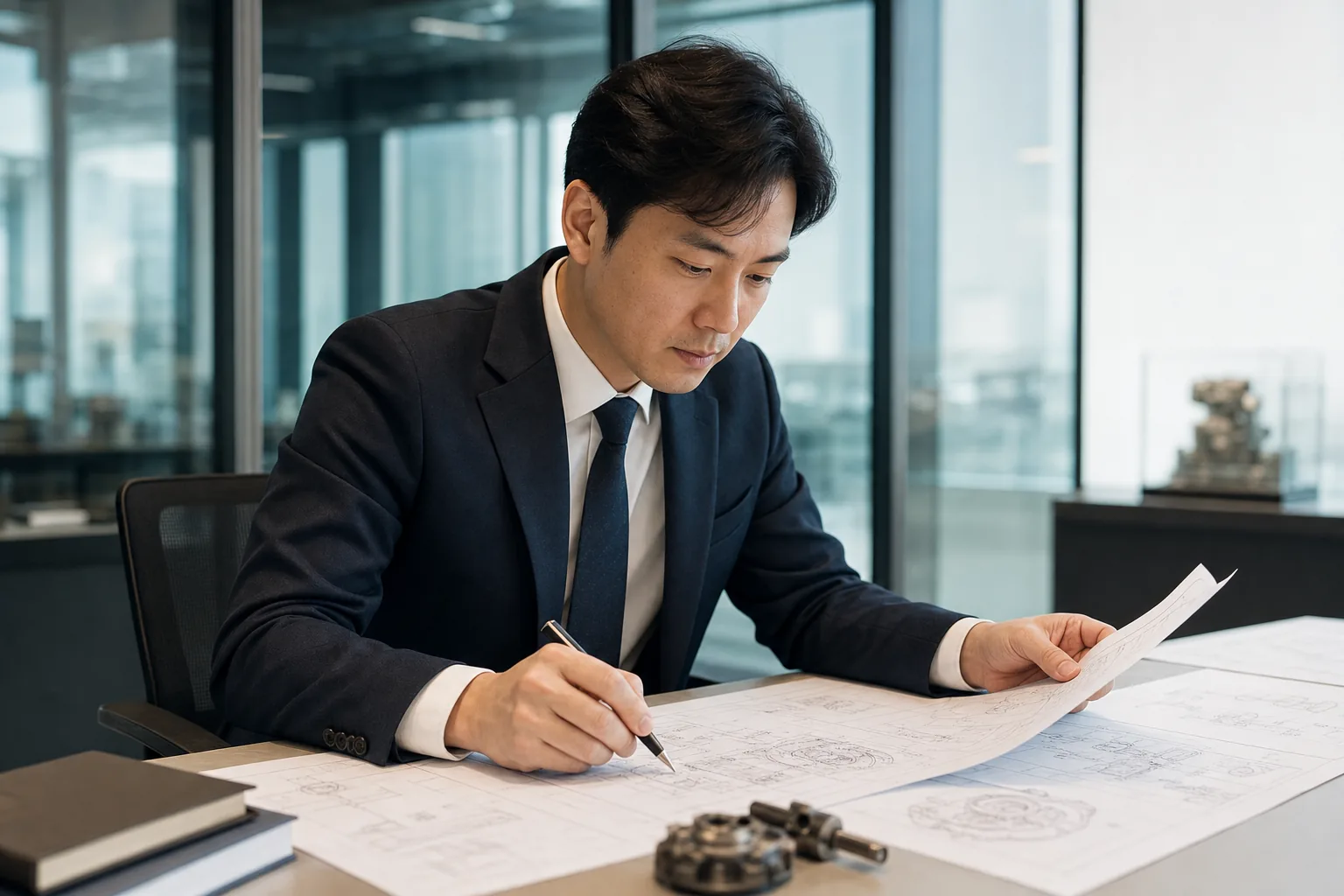 변리 전문가가 특허·상표 도면을 살펴보는 모습